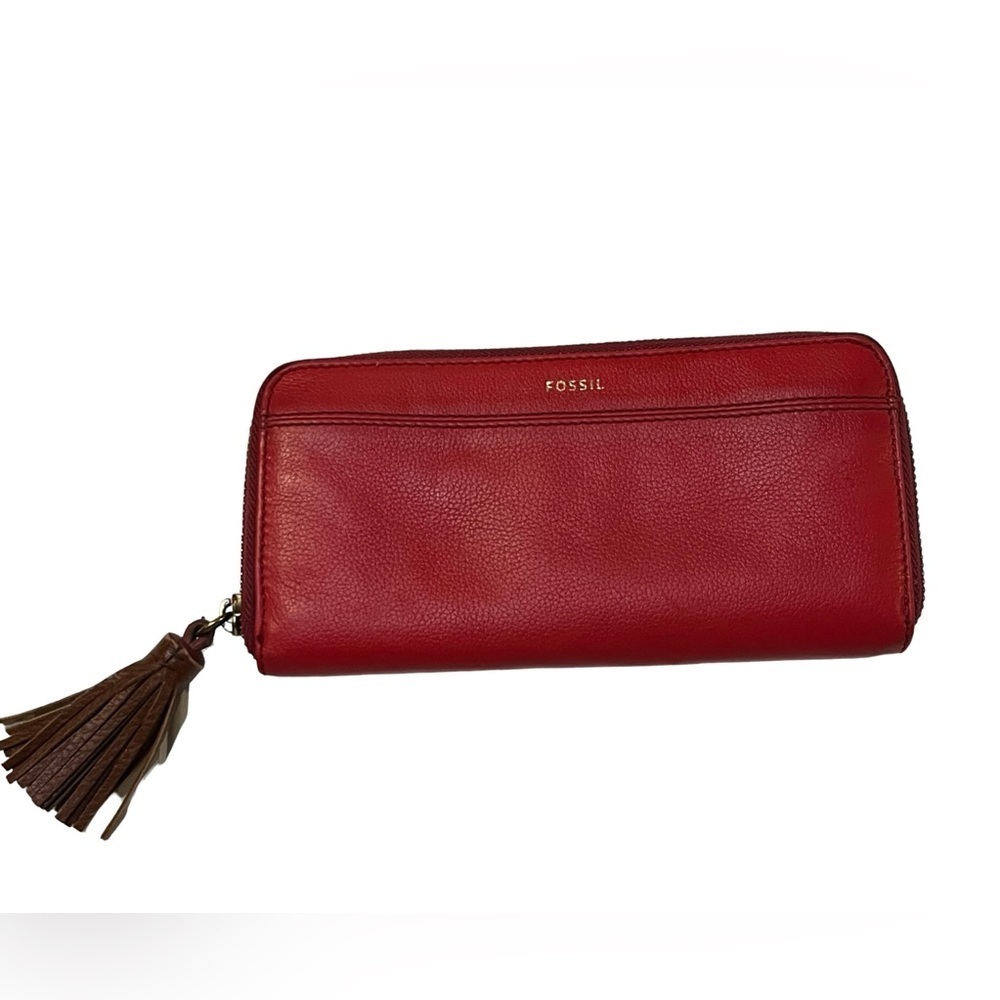 Fossil Tara Brick Red Leather Zip Around Clutch Wallet Tassel Organizer